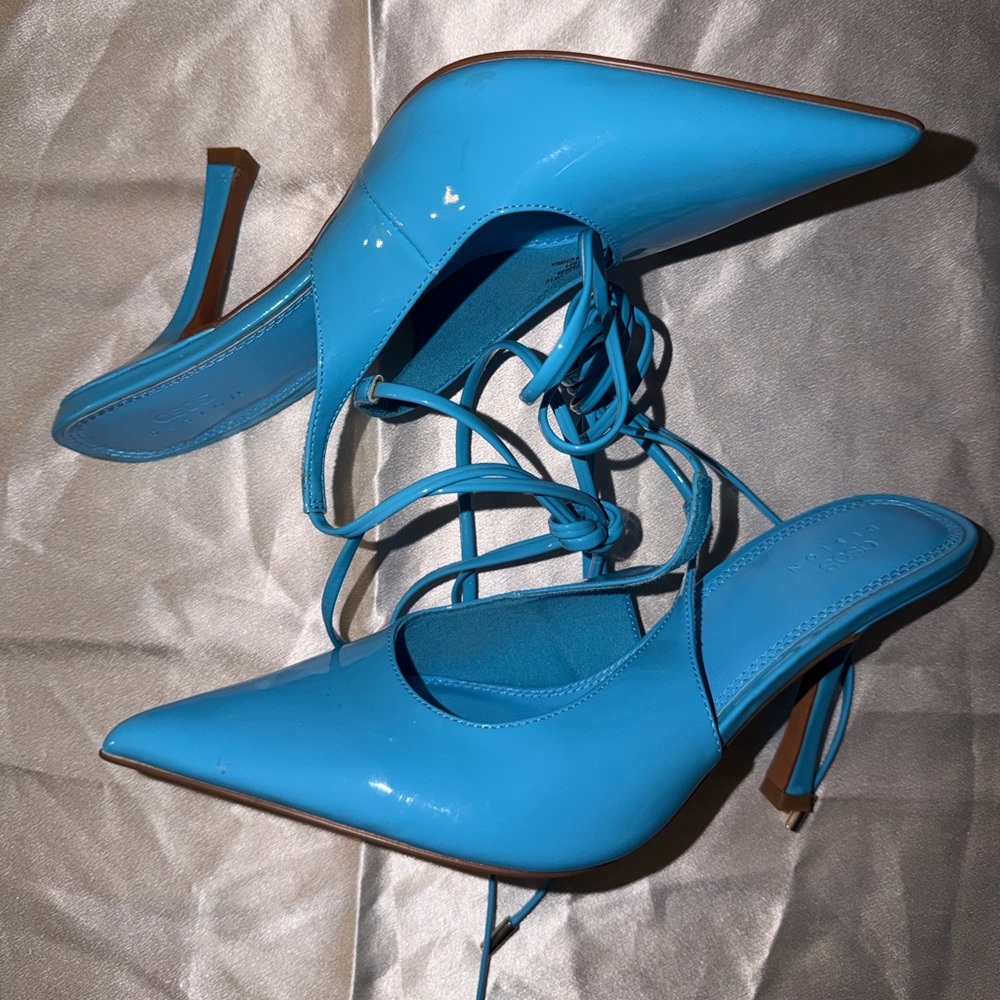 ZARA Blue Patent Lace-Up Pointed-Toe Heels